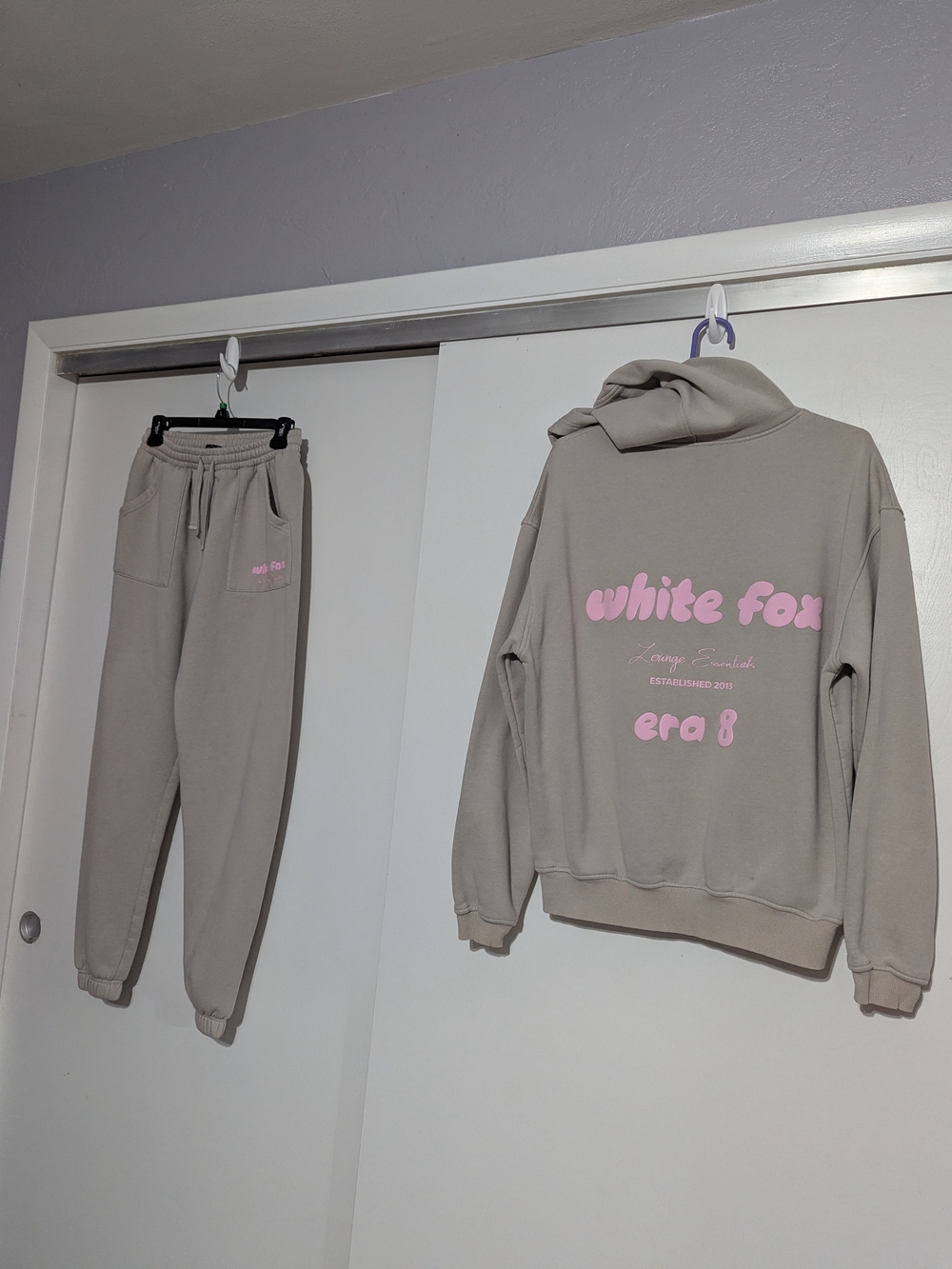 White Fox Boutique Taupe Hoodie & Joggers Set with Pink Logo